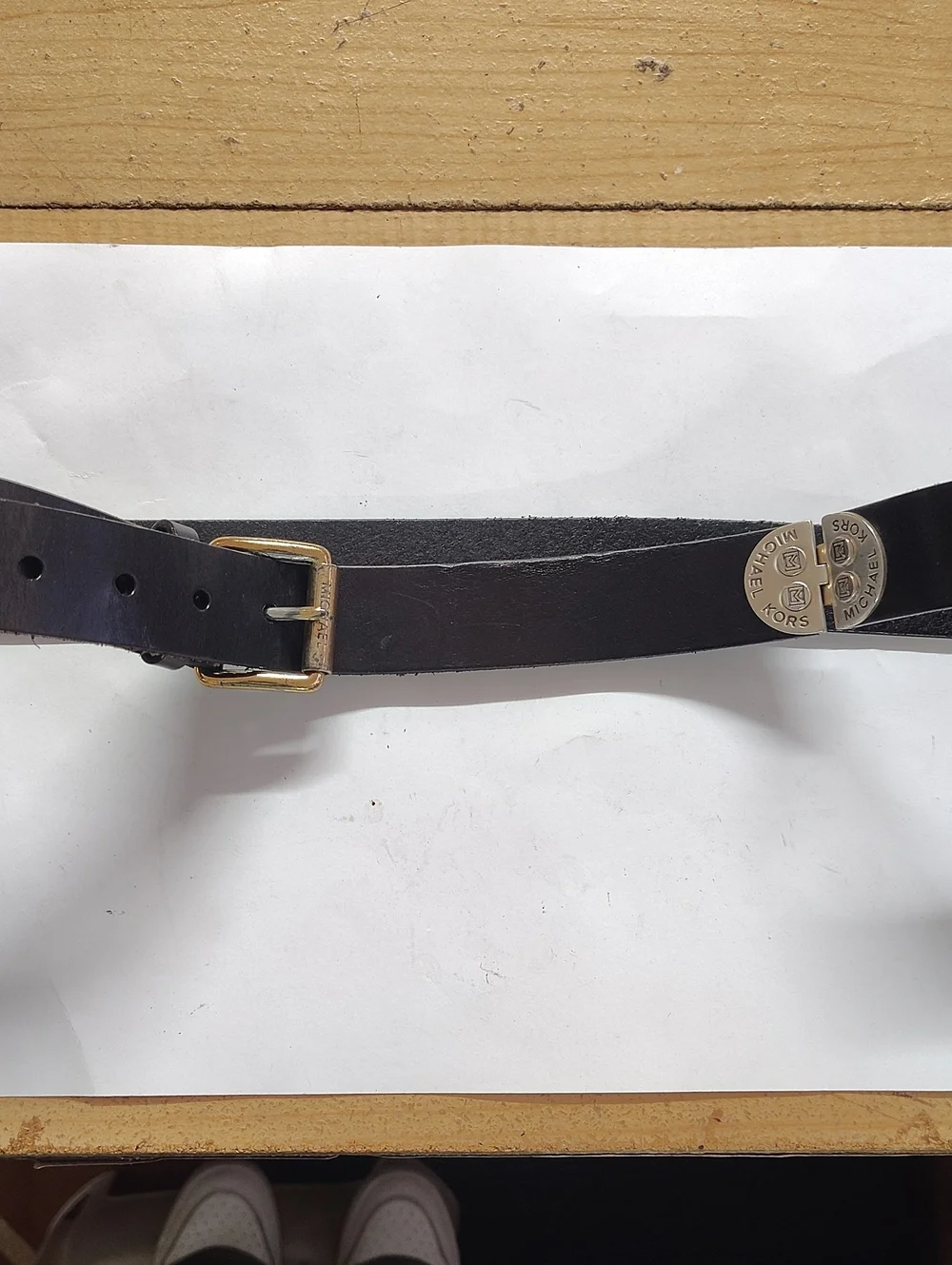Michael Kors Black Leather Belt with Gold-Tone Buckle and Logo Studs